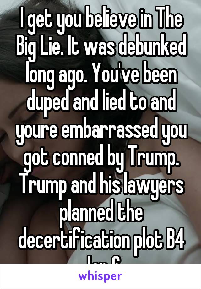 I get you believe in The Big Lie. It was debunked long ago. You've been duped and lied to and youre embarrassed you got conned by Trump. Trump and his lawyers planned the decertification plot B4 Jan 6