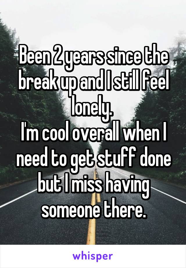 Been 2 years since the break up and I still feel lonely. 
I'm cool overall when I need to get stuff done but I miss having someone there.