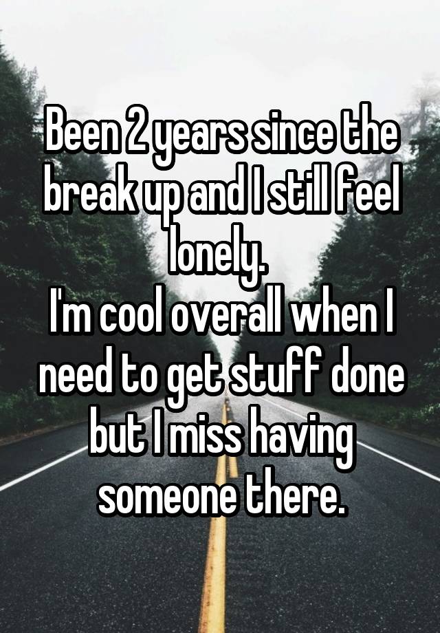 Been 2 years since the break up and I still feel lonely. 
I'm cool overall when I need to get stuff done but I miss having someone there.