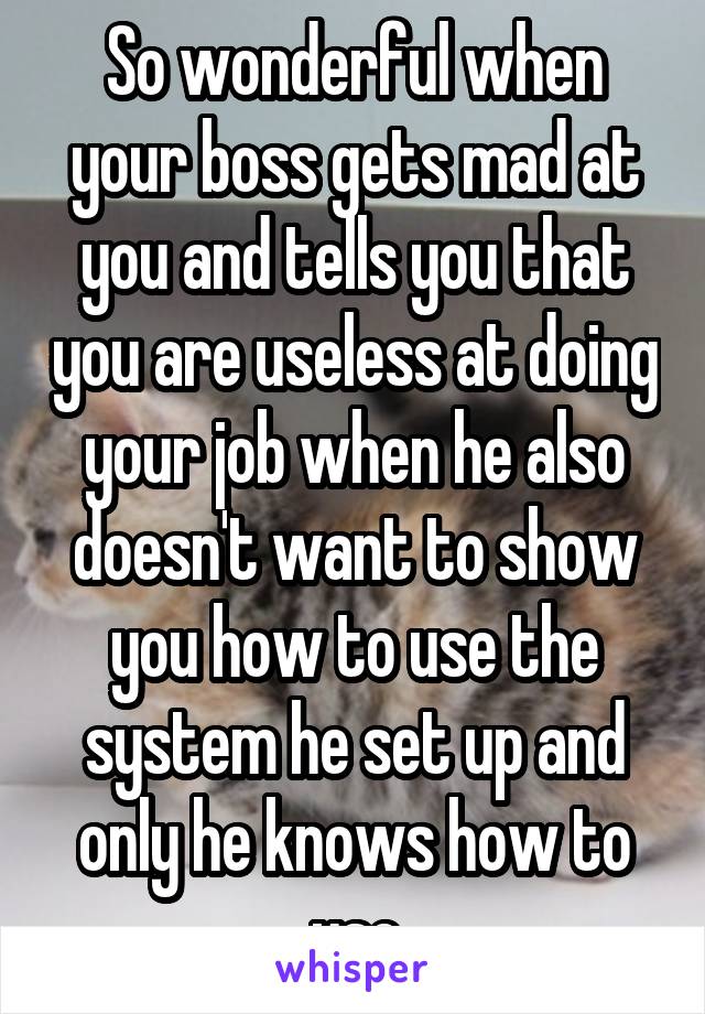 So wonderful when your boss gets mad at you and tells you that you are useless at doing your job when he also doesn't want to show you how to use the system he set up and only he knows how to use