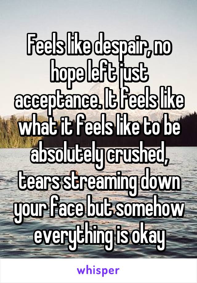 Feels like despair, no hope left just acceptance. It feels like what it feels like to be absolutely crushed, tears streaming down your face but somehow everything is okay