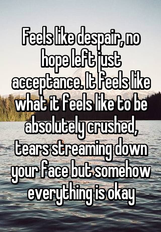 Feels like despair, no hope left just acceptance. It feels like what it feels like to be absolutely crushed, tears streaming down your face but somehow everything is okay