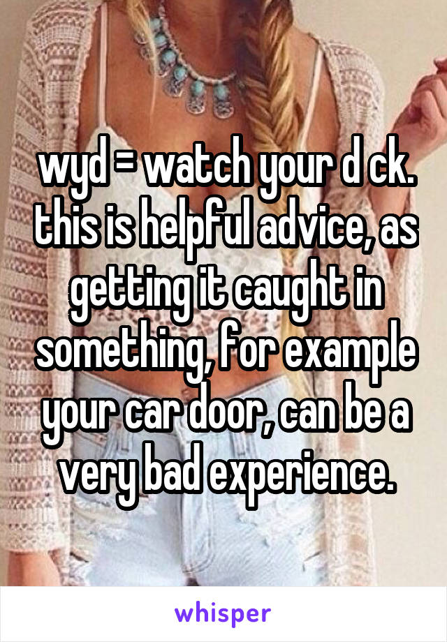 wyd = watch your d ck. this is helpful advice, as getting it caught in something, for example your car door, can be a very bad experience.