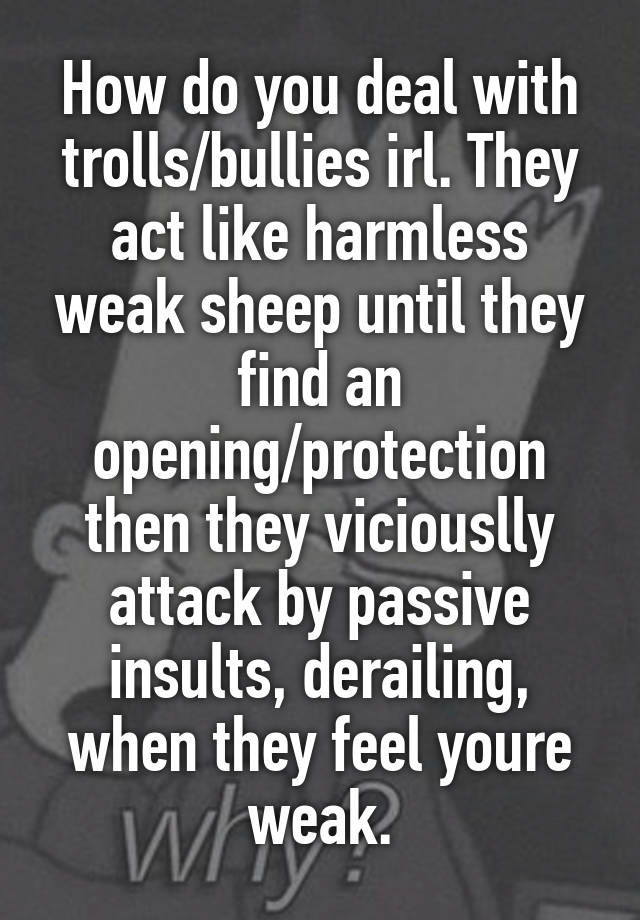 How do you deal with trolls/bullies irl. They act like harmless weak sheep until they find an opening/protection then they viciouslly attack by passive insults, derailing, when they feel youre weak.