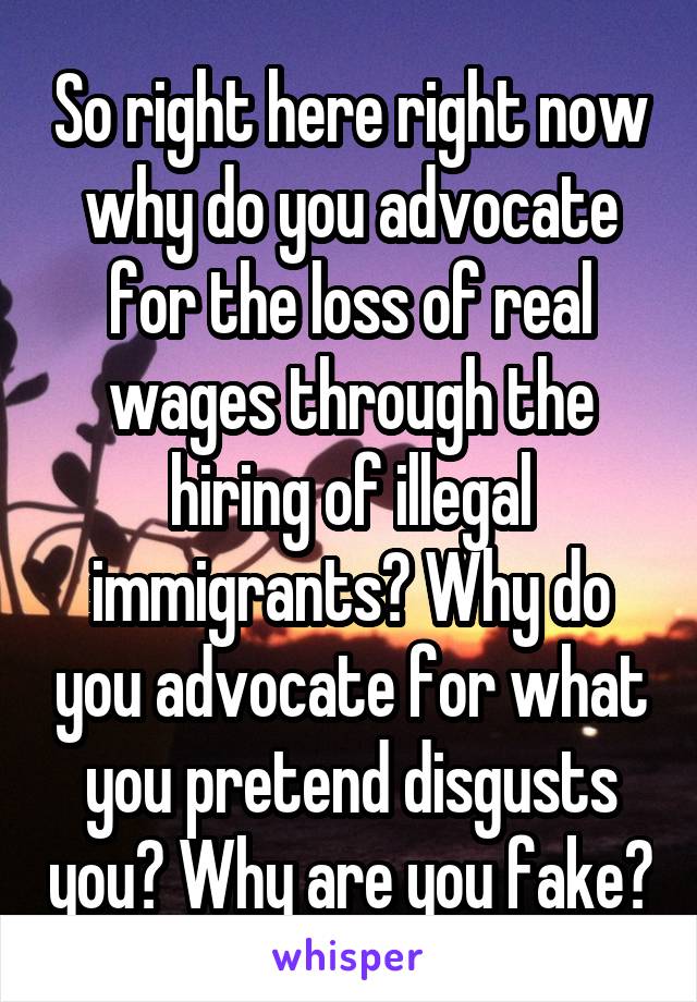 So right here right now why do you advocate for the loss of real wages through the hiring of illegal immigrants? Why do you advocate for what you pretend disgusts you? Why are you fake?