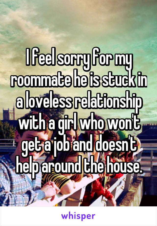 I feel sorry for my roommate he is stuck in a loveless relationship with a girl who won't get a job and doesn't help around the house.