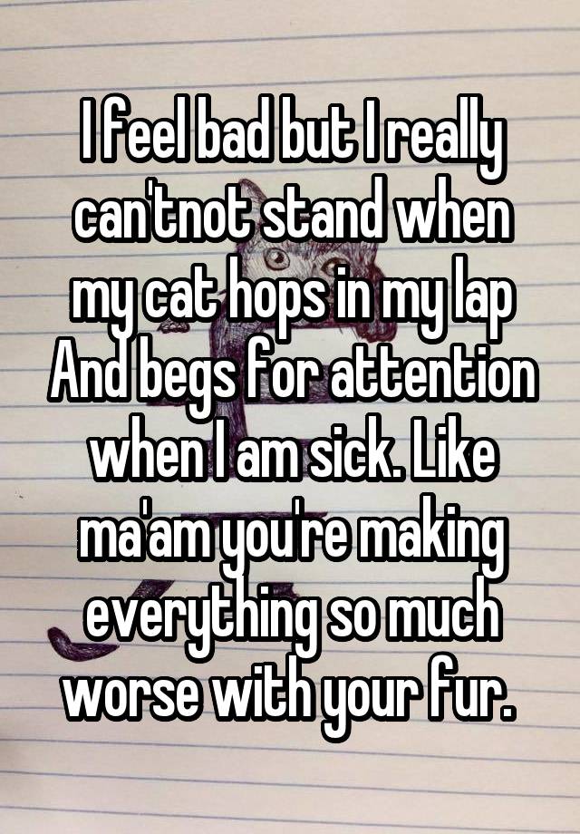 I feel bad but I really can'tnot stand when my cat hops in my lap And begs for attention when I am sick. Like ma'am you're making everything so much worse with your fur. 