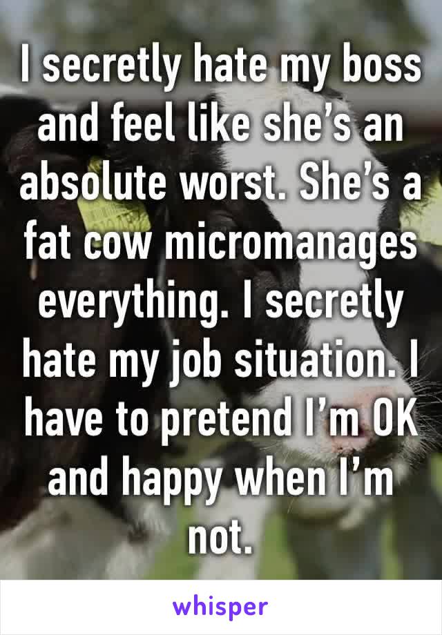 I secretly hate my boss and feel like she’s an absolute worst. She’s a fat cow micromanages everything. I secretly hate my job situation. I have to pretend I’m OK and happy when I’m not.