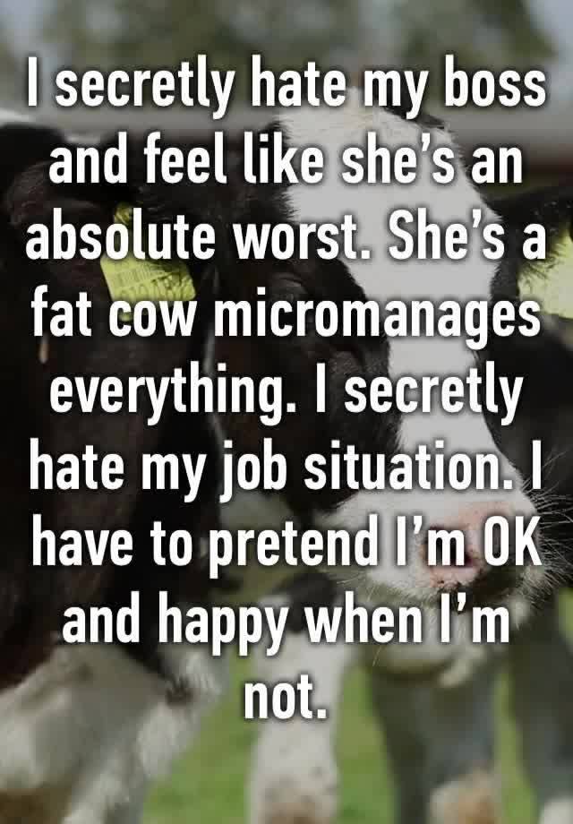 I secretly hate my boss and feel like she’s an absolute worst. She’s a fat cow micromanages everything. I secretly hate my job situation. I have to pretend I’m OK and happy when I’m not.