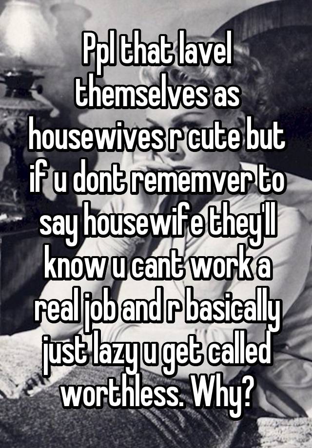 Ppl that lavel themselves as housewives r cute but if u dont rememver to say housewife they'll know u cant work a real job and r basically just lazy u get called worthless. Why?