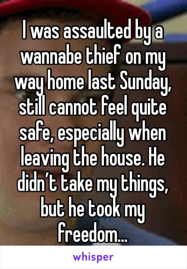 I was assaulted by a wannabe thief on my way home last Sunday, still cannot feel quite safe, especially when leaving the house. He didn’t take my things, but he took my freedom…