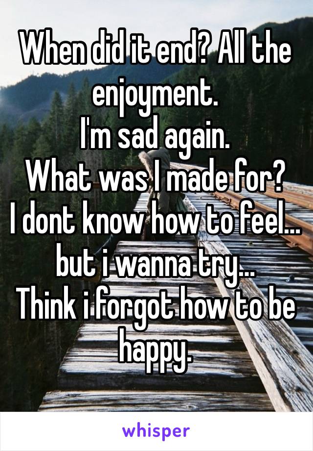 When did it end? All the enjoyment.
I'm sad again.
What was I made for?
I dont know how to feel… but i wanna try…
Think i forgot how to be happy.