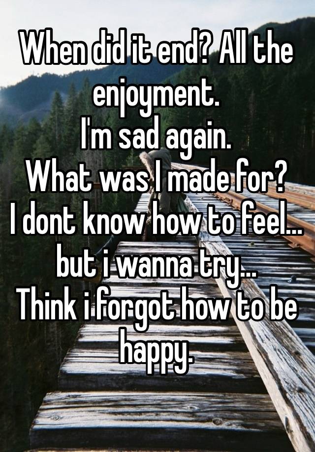 When did it end? All the enjoyment.
I'm sad again.
What was I made for?
I dont know how to feel… but i wanna try…
Think i forgot how to be happy.