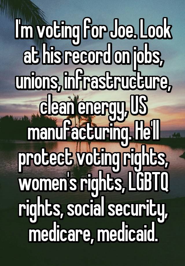 I'm voting for Joe. Look at his record on jobs, unions, infrastructure, clean energy, US manufacturing. He'll protect voting rights, women's rights, LGBTQ rights, social security, medicare, medicaid.