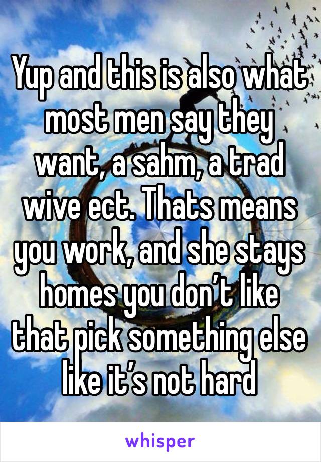 Yup and this is also what most men say they want, a sahm, a trad wive ect. Thats means you work, and she stays homes you don’t like that pick something else like it’s not hard 