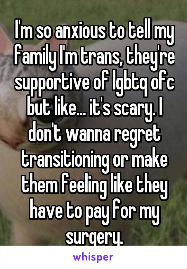 I'm so anxious to tell my family I'm trans, they're supportive of lgbtq ofc but like... it's scary. I don't wanna regret transitioning or make them feeling like they have to pay for my surgery.