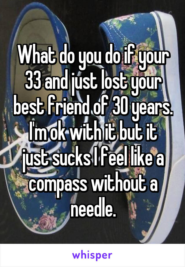 What do you do if your 33 and just lost your best friend of 30 years.
I'm ok with it but it just sucks I feel like a compass without a needle.