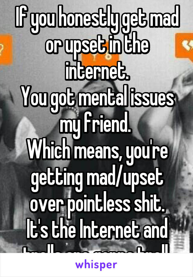 If you honestly get mad or upset in the internet.
You got mental issues my friend. 
Which means, you're getting mad/upset over pointless shit.
It's the Internet and trolls are gonna troll.
