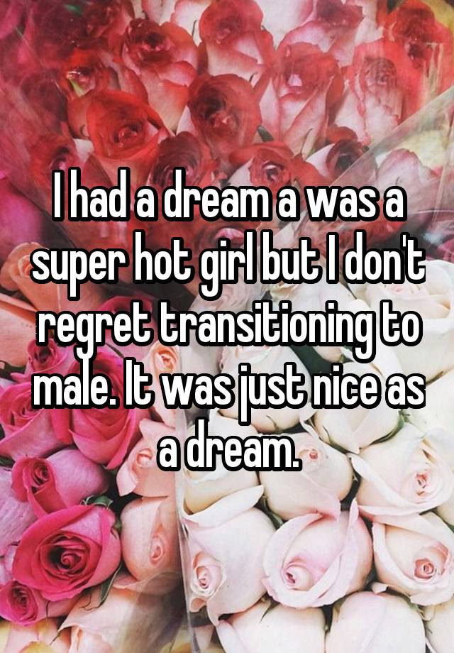 I had a dream a was a super hot girl but I don't regret transitioning to male. It was just nice as a dream.