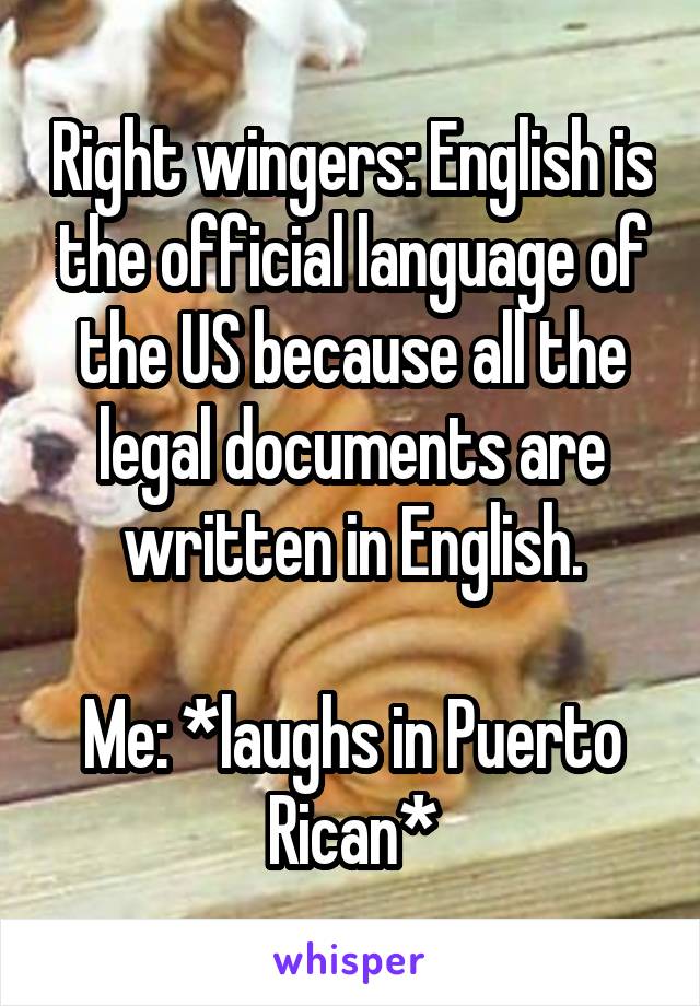 Right wingers: English is the official language of the US because all the legal documents are written in English.

Me: *laughs in Puerto Rican*