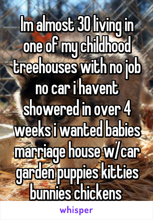 Im almost 30 living in one of my childhood treehouses with no job no car i havent showered in over 4 weeks i wanted babies marriage house w/car garden puppies kitties bunnies chickens 