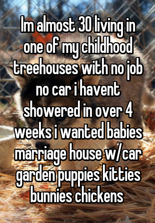 Im almost 30 living in one of my childhood treehouses with no job no car i havent showered in over 4 weeks i wanted babies marriage house w/car garden puppies kitties bunnies chickens 