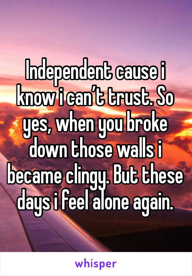 Independent cause i know i can’t trust. So yes, when you broke down those walls i became clingy. But these days i feel alone again.