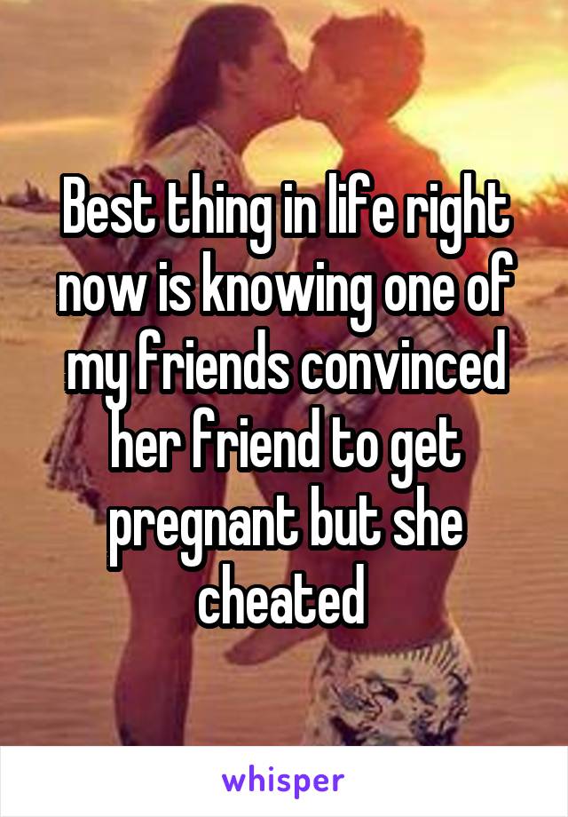 Best thing in life right now is knowing one of my friends convinced her friend to get pregnant but she cheated 