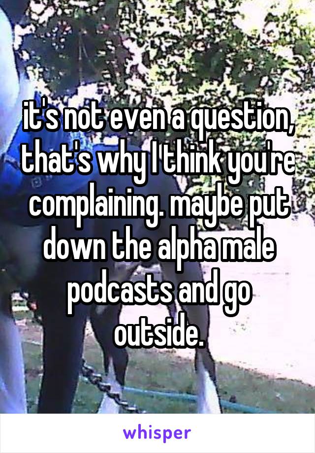 it's not even a question, that's why I think you're complaining. maybe put down the alpha male podcasts and go outside.