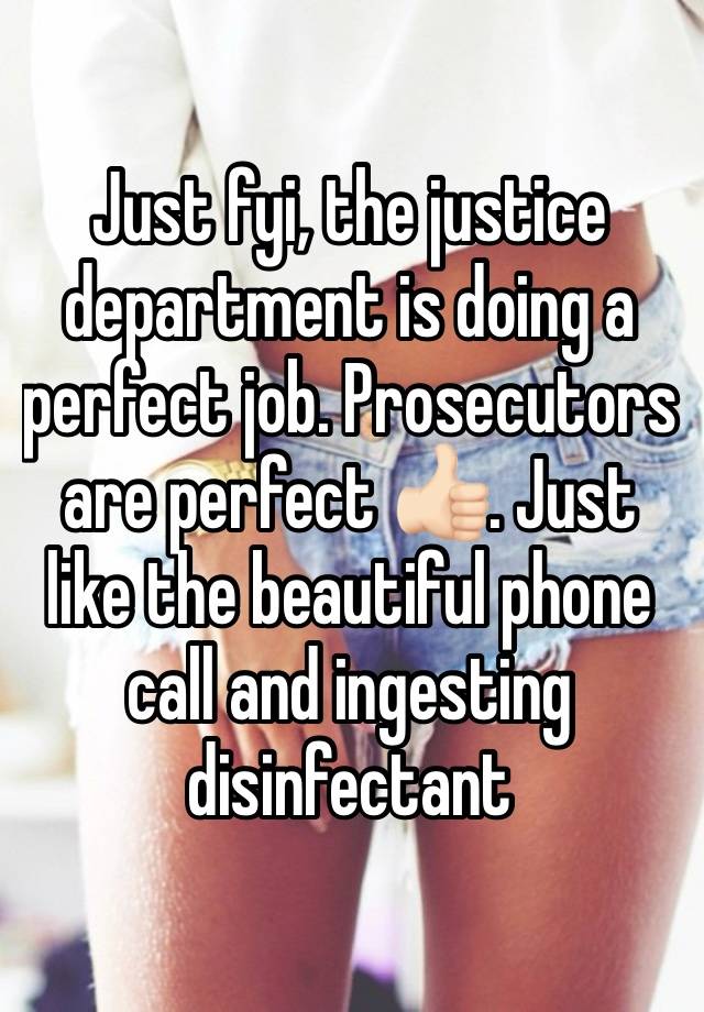 Just fyi, the justice department is doing a perfect job. Prosecutors are perfect 👍🏻. Just like the beautiful phone call and ingesting disinfectant 