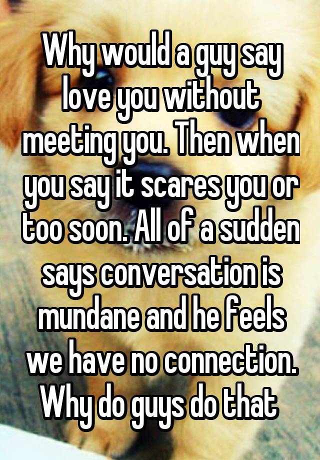 Why would a guy say love you without meeting you. Then when you say it scares you or too soon. All of a sudden says conversation is mundane and he feels we have no connection. Why do guys do that 