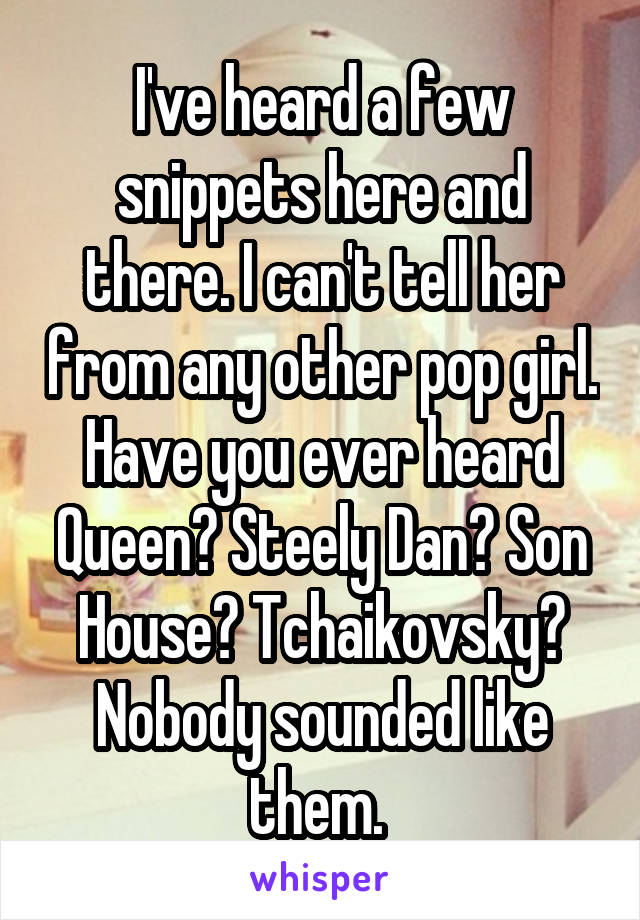 I've heard a few snippets here and there. I can't tell her from any other pop girl. Have you ever heard Queen? Steely Dan? Son House? Tchaikovsky? Nobody sounded like them. 