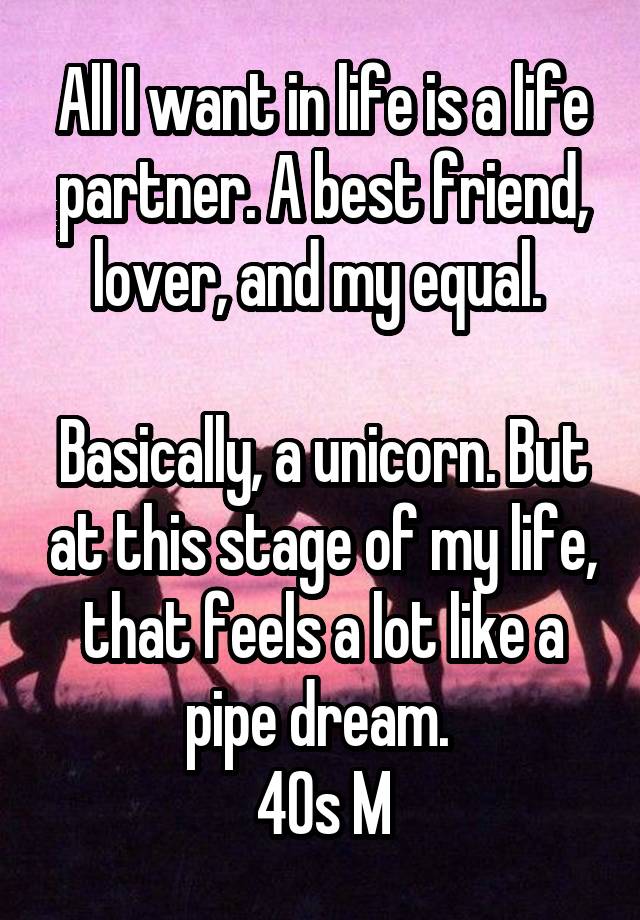 All I want in life is a life partner. A best friend, lover, and my equal. 

Basically, a unicorn. But at this stage of my life, that feels a lot like a pipe dream. 
40s M