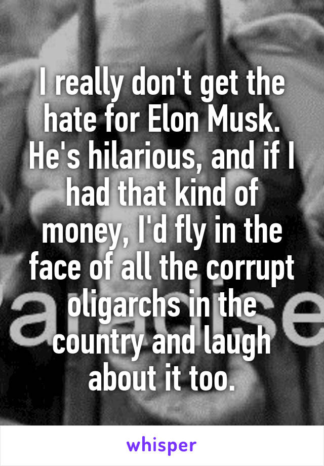 I really don't get the hate for Elon Musk. He's hilarious, and if I had that kind of money, I'd fly in the face of all the corrupt oligarchs in the country and laugh about it too.