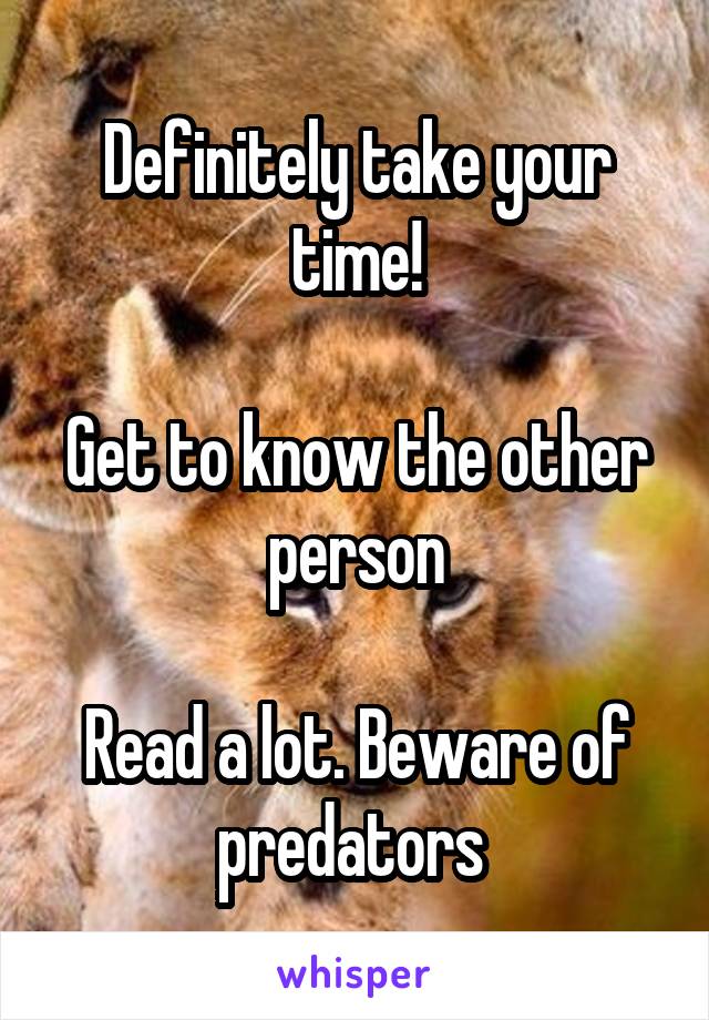 Definitely take your time!

Get to know the other person

Read a lot. Beware of predators 