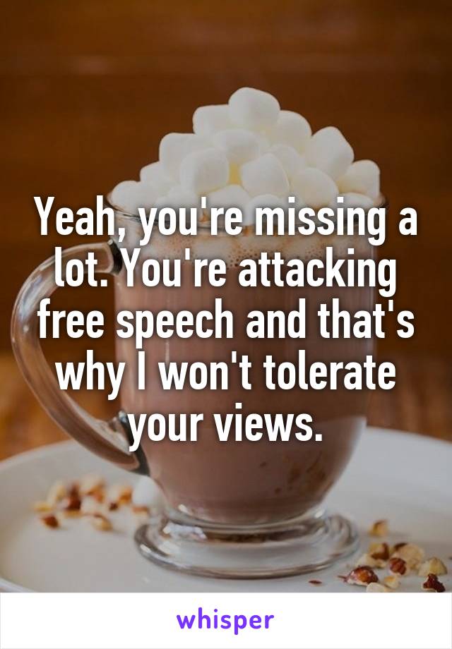 Yeah, you're missing a lot. You're attacking free speech and that's why I won't tolerate your views.