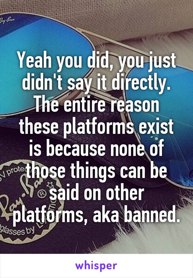 Yeah you did, you just didn't say it directly. The entire reason these platforms exist is because none of those things can be said on other platforms, aka banned.