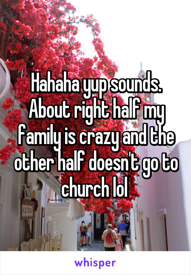 Hahaha yup sounds. About right half my family is crazy and the other half doesn't go to church lol 