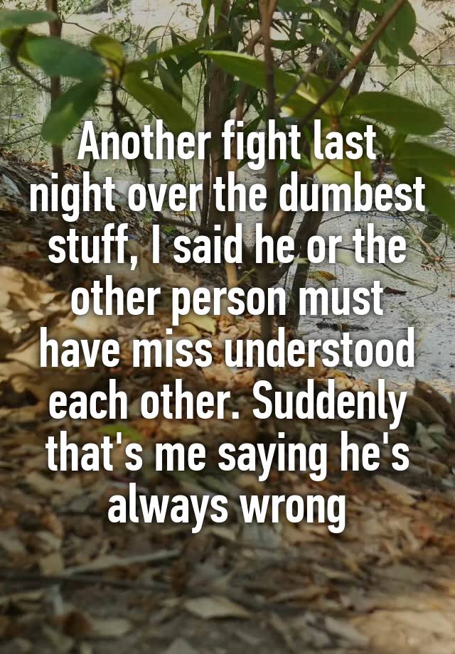 Another fight last night over the dumbest stuff, I said he or the other person must have miss understood each other. Suddenly that's me saying he's always wrong