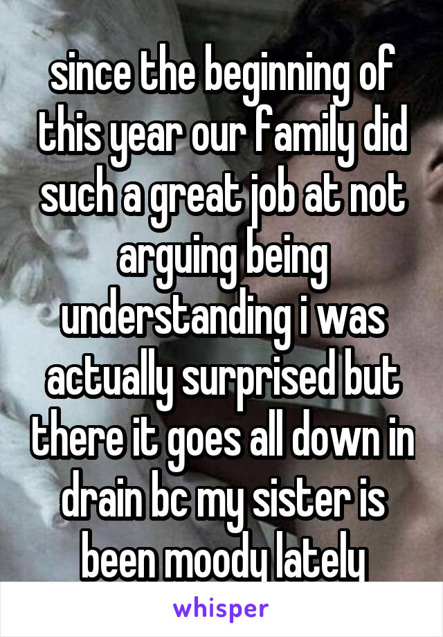 since the beginning of this year our family did such a great job at not arguing being understanding i was actually surprised but there it goes all down in drain bc my sister is been moody lately