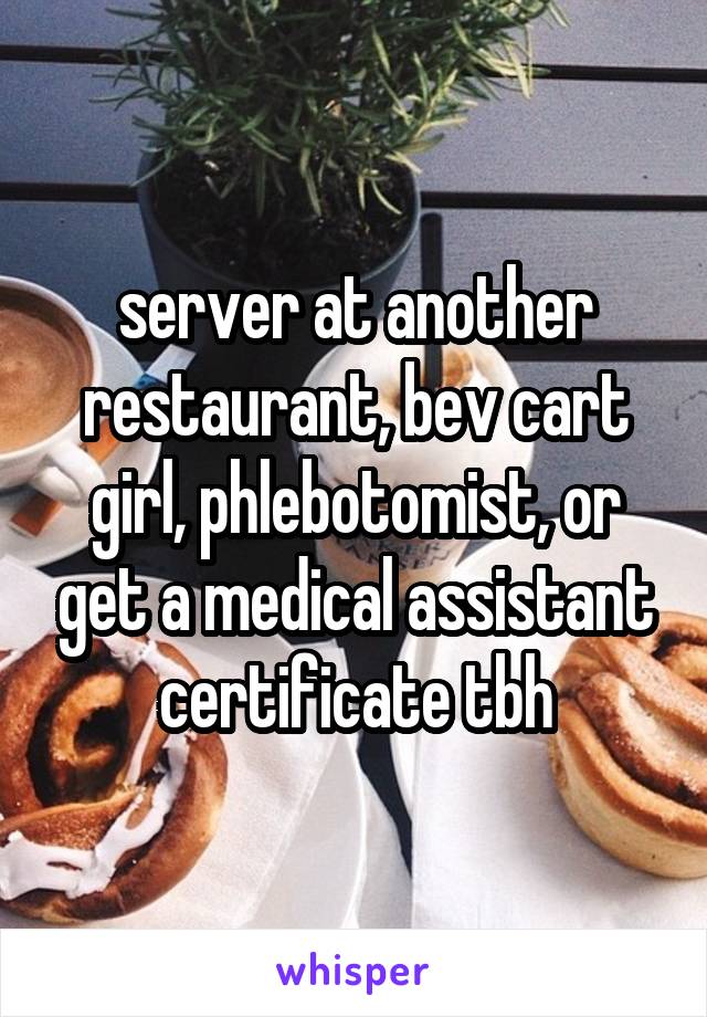 server at another restaurant, bev cart girl, phlebotomist, or get a medical assistant certificate tbh