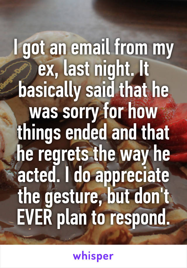 I got an email from my ex, last night. It basically said that he was sorry for how things ended and that he regrets the way he acted. I do appreciate the gesture, but don't EVER plan to respond.