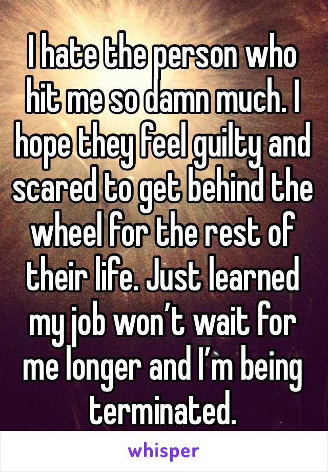 I hate the person who hit me so damn much. I hope they feel guilty and scared to get behind the wheel for the rest of their life. Just learned my job won’t wait for me longer and I’m being terminated.