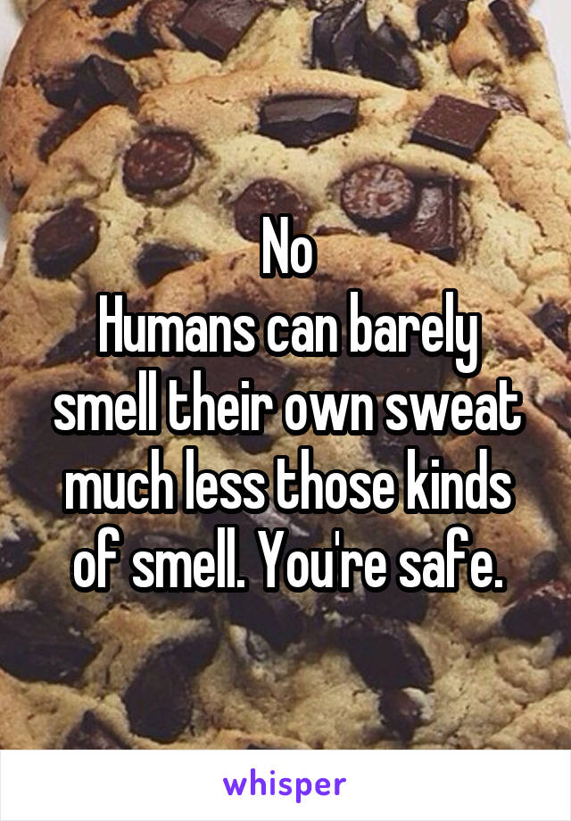 No
Humans can barely smell their own sweat much less those kinds of smell. You're safe.