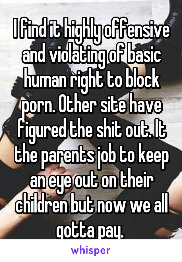 I find it highly offensive and violating of basic human right to block porn. Other site have figured the shit out. It the parents job to keep an eye out on their children but now we all gotta pay. 