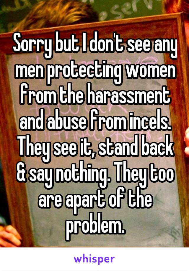 Sorry but I don't see any men protecting women from the harassment and abuse from incels. They see it, stand back & say nothing. They too are apart of the problem.