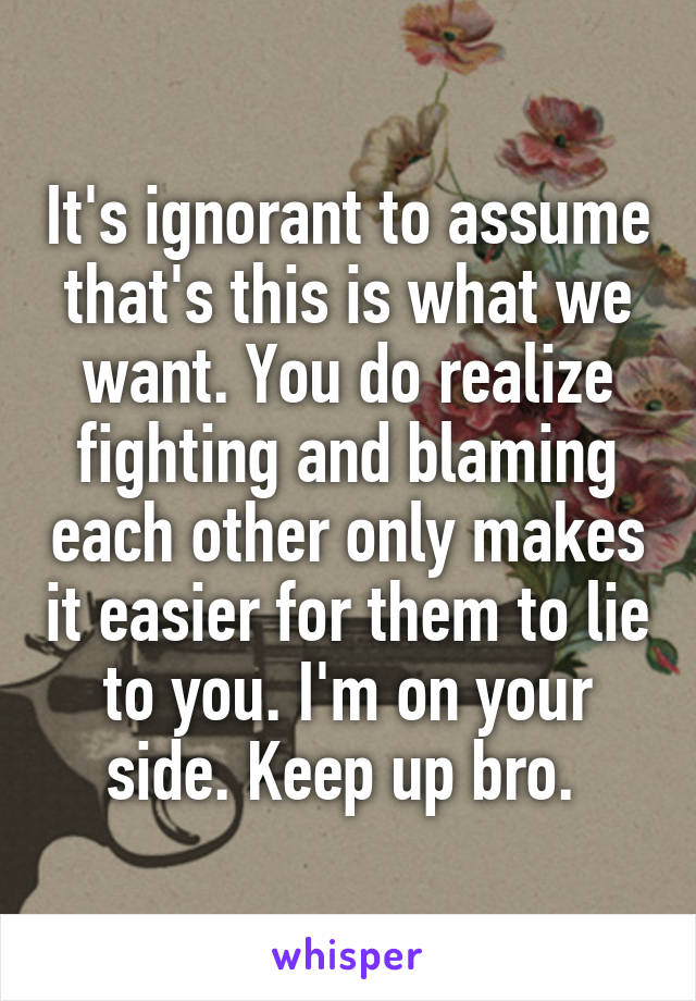 It's ignorant to assume that's this is what we want. You do realize fighting and blaming each other only makes it easier for them to lie to you. I'm on your side. Keep up bro. 