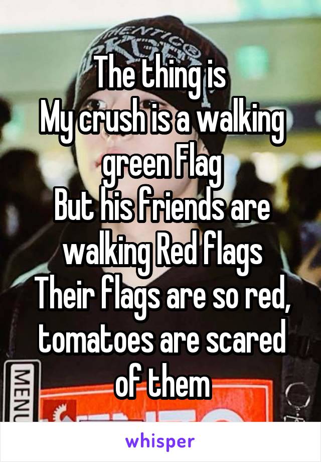 The thing is 
My crush is a walking green Flag
But his friends are walking Red flags
Their flags are so red, tomatoes are scared of them