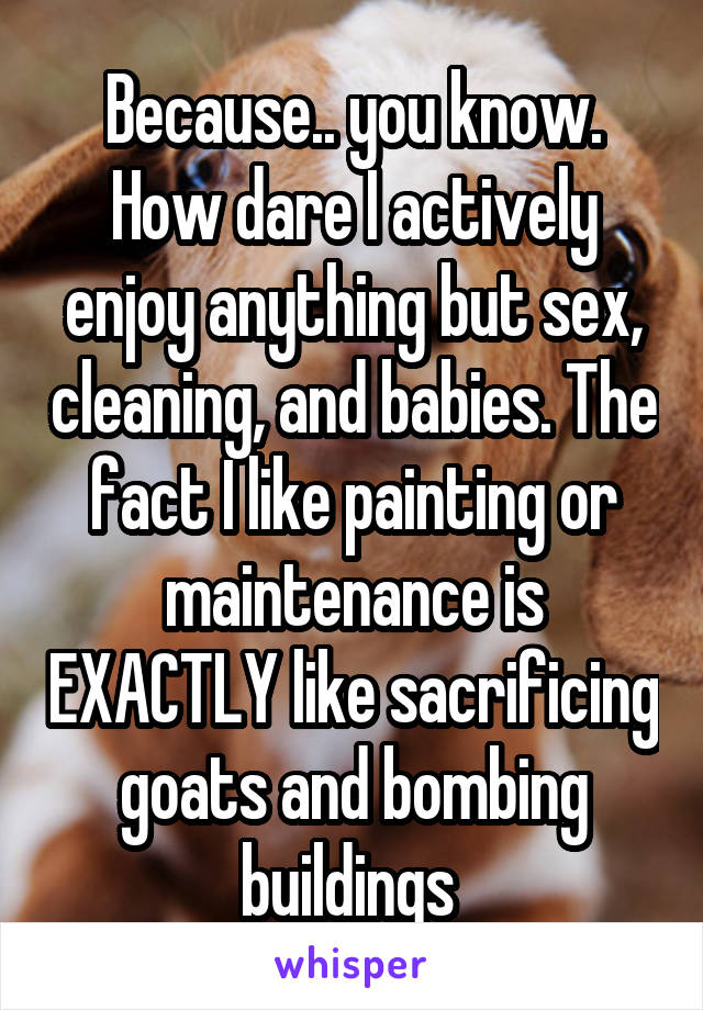 Because.. you know. How dare I actively enjoy anything but sex, cleaning, and babies. The fact I like painting or maintenance is EXACTLY like sacrificing goats and bombing buildings 