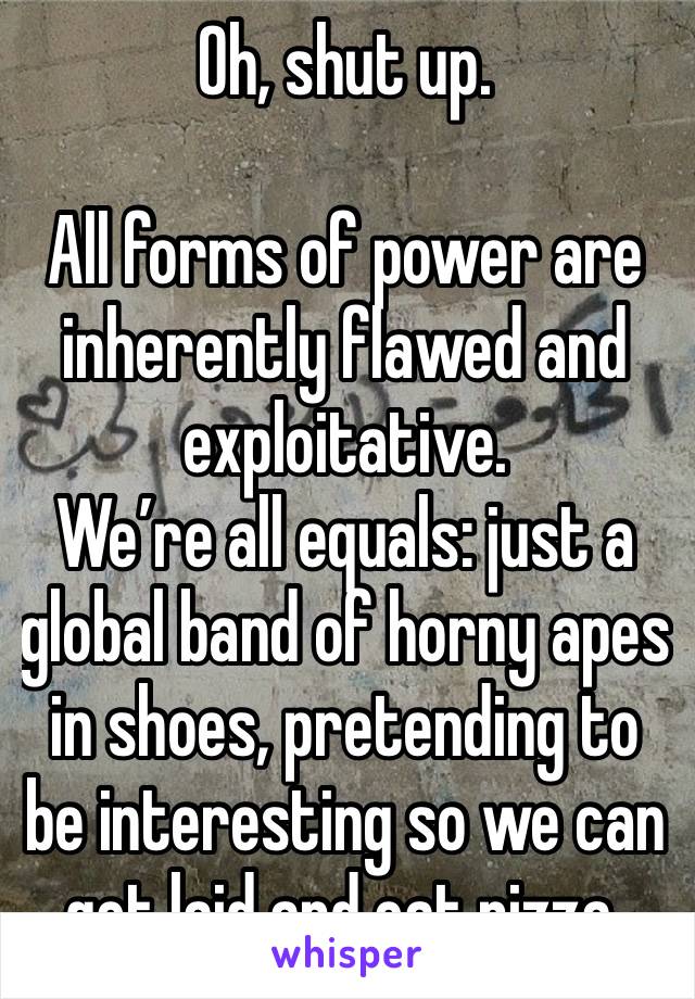 Oh, shut up. 

All forms of power are inherently flawed and exploitative. 
We’re all equals: just a global band of horny apes in shoes, pretending to be interesting so we can get laid and eat pizza. 